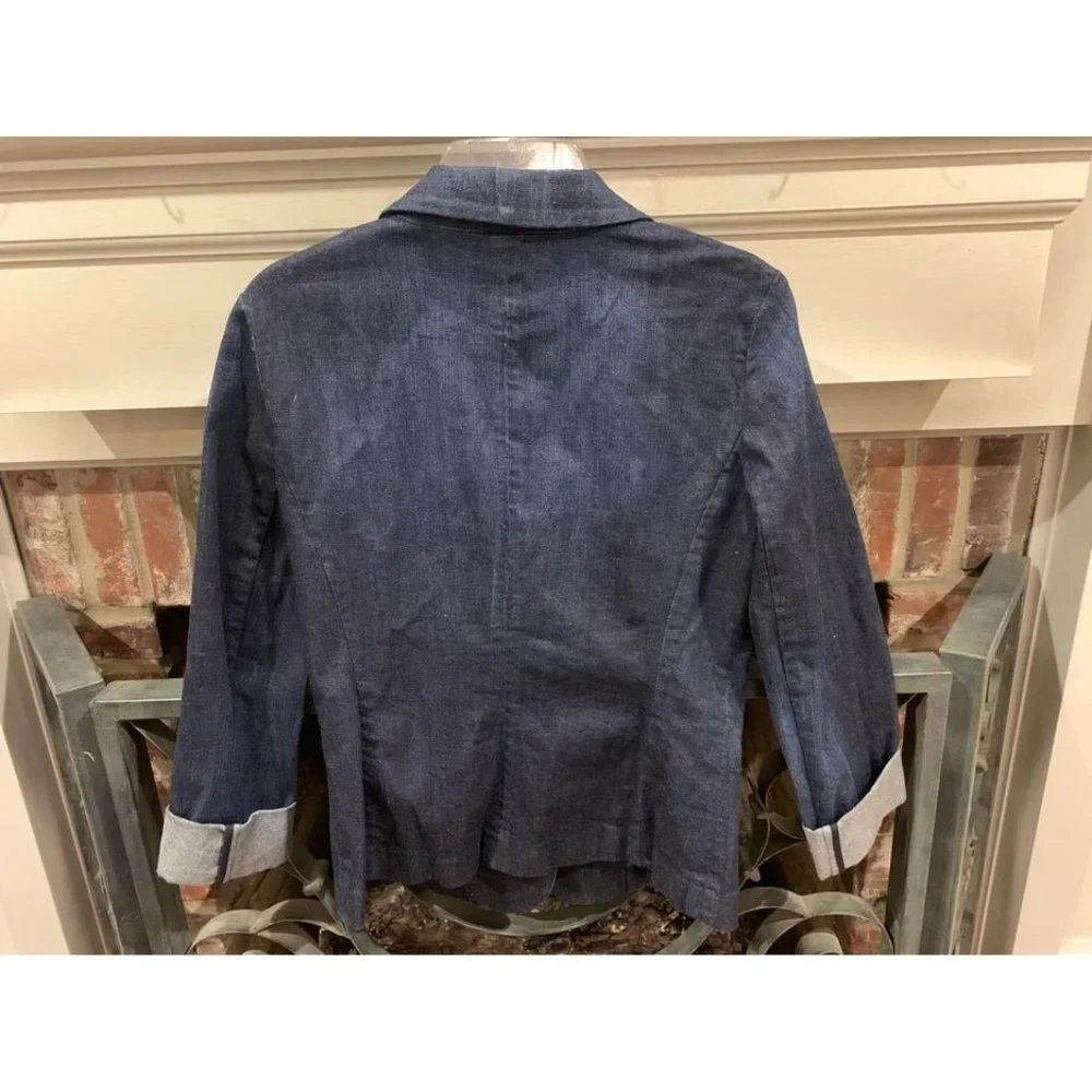 Ann Taylor Loft denim jacket size women’s 4, one button closure, rolled cuffs, e
